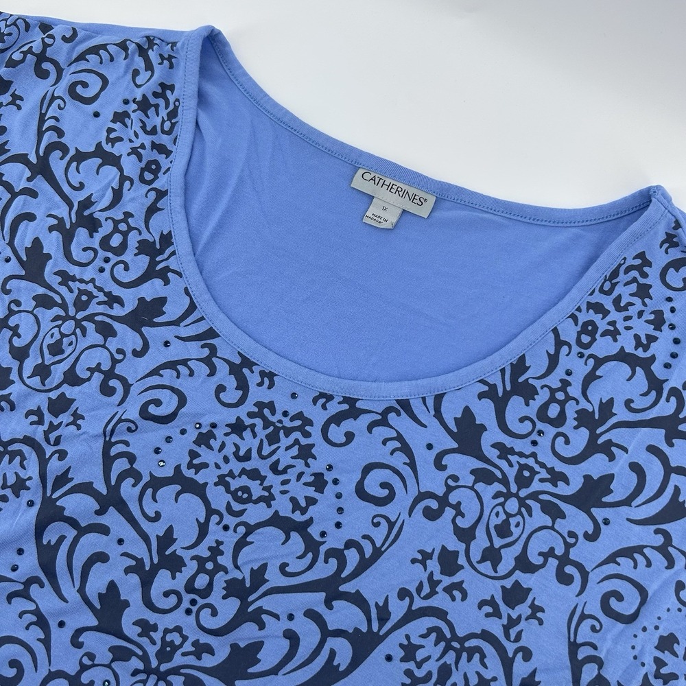 Catherines Blue Oversized Womens 1X Tunic Rhinestone Short Sleeve Pullover Shirt